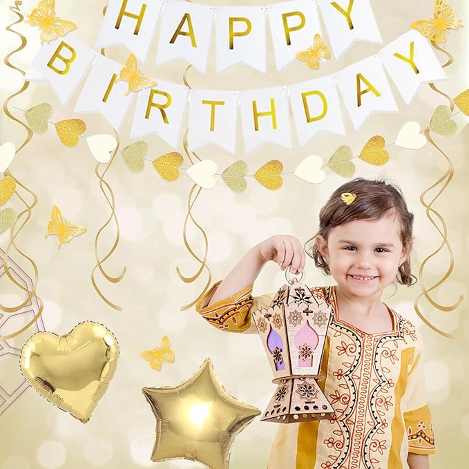 White and Gold Birthday Party Decorations Kit for Women Girls, Gold White Sand Confetti Foil Balloons Happy Birthday Banner Fringe Curtains Butterfly Garland Baptism Communion Supplies