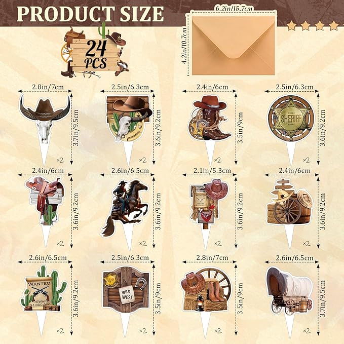24 PCS Western Cowboy Happy Birthday Cupcake Toppers Wild West Theme Party Decorations Cake Decor Cupcak Decorations Cake Decorating Party Supplies Decor for Baby Shower Men Women Boys Girls