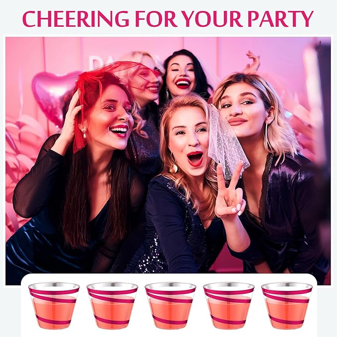 Gejoy 9 oz Rimmed Swirl Plastic Cups Disposable Wine Drinking Cups Clear Elegant Halloween Tumblers for Christmas Party Supplies(Hot Pink,24 Pcs)