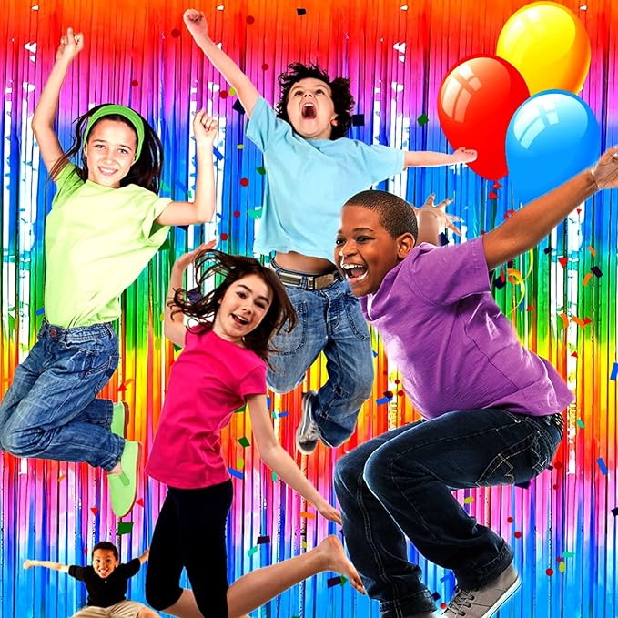 4 Pack Macaron Dark Rainbow Foil Fringe Curtain Backdrop, 3.28Ft x 8.2Ft Colorful Streamers Curtains for Party, Photo Booth Props, Birthday, 2022 Mother's Day Decoration Supplies