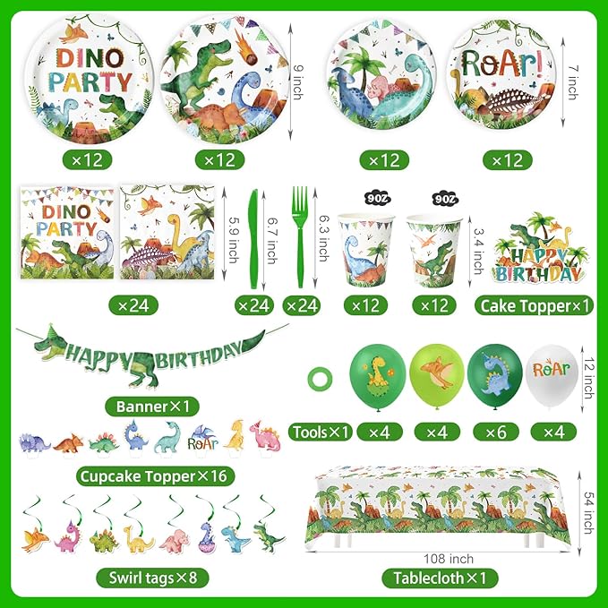 189 Pcs Dinosaur Birthday Party Supplies Set - Serves 24, Dino Decorations Kit with Banner, Balloons, Swirls, Cake Toppers, Tableware & Tablecloth