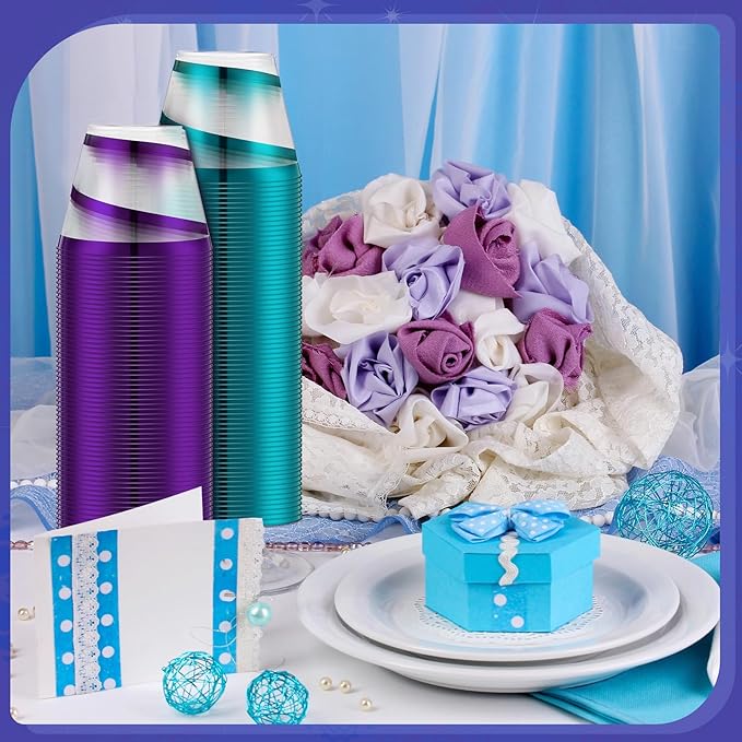 Gejoy 9 oz Rimmed Swirl Plastic Cups Disposable Wine Drinking Cups Clear Elegant Halloween Tumblers for Christmas Party Supplies(Purple, Blue,100 Pcs)