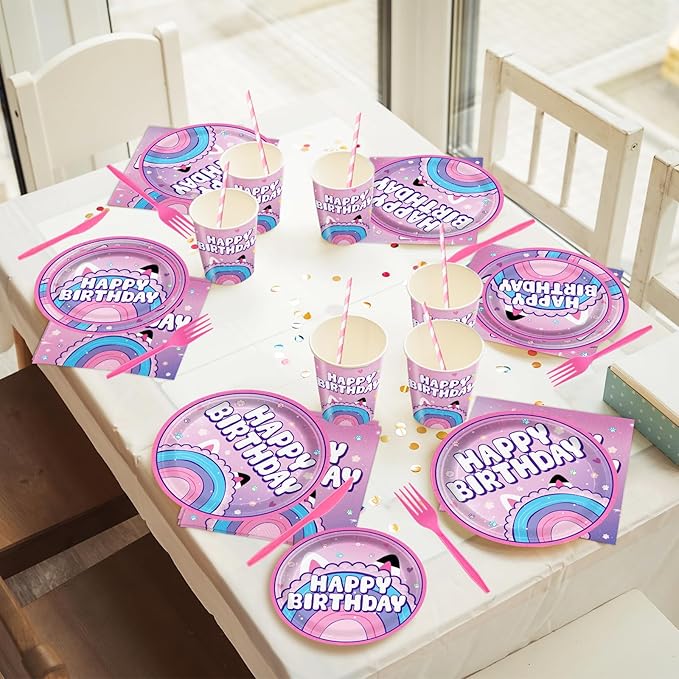 168pcs Dollhouse Birthday Party Decorations for kids Party Supplies Set Includes Plates, Napkins, Cups, Forks, Knives, for Kids 24 Guests