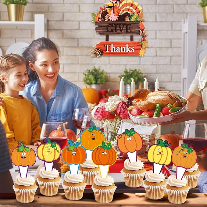 24 Pieces Thanksgiving Pumpkin Happy Birthday Cupcake Toppers Autumn Pumpkin Thanksgiving Party Decorations Cake Toppers Cupcake Toppers Party Supplies Decorations for Baby Shower Boys Girls