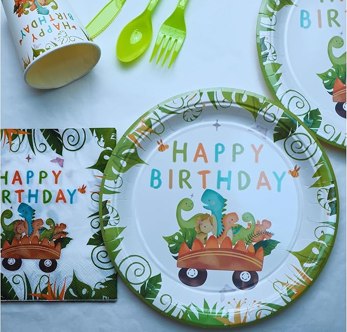 Dinosaur Birthday Party Supplies Kit – 88 PCS Dino Party Decorations for 16 Guests, Includes Plates, Cups, Napkins, Banner, Cutlery, Tablecloth, Hanging Swirls – Jurassic Dino Theme for Boys & Girls