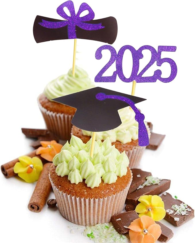 2025 Graduation Cupcake Toppers, 48 PCS Food/Appetizer Picks For Graduation Party Mini Cake Decorations, Diploma, 2025, Grad Cap Set 48 Pieces (05 Purple)