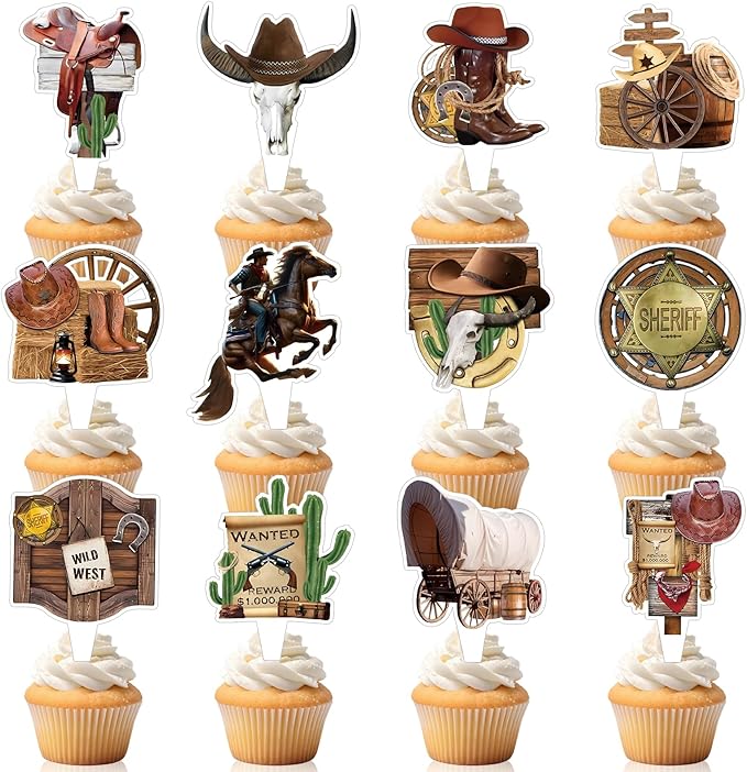 24 PCS Western Cowboy Happy Birthday Cupcake Toppers Wild West Theme Party Decorations Cake Decor Cupcak Decorations Cake Decorating Party Supplies Decor for Baby Shower Men Women Boys Girls