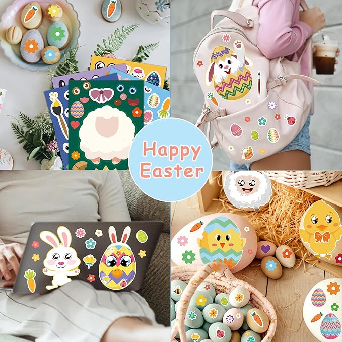 Aowplc 48 Pcs Easter Make-a-Face Sticker Sheets, 8”x 6" Mix and Match Stickers with Animals & Eggs for Kids’ Easter Basket Stuffers, Crafts, Party Favors