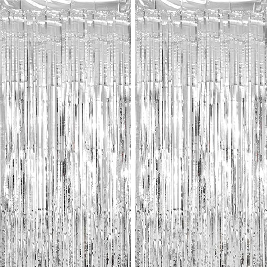 2 Pack Silver Tinsel Foil Fringe Curtains, Silver Party Decorations, Metallic Tinsel Party Streamers Backdrop for Birthday Baby Shower Graduation Wedding Bachelorette Party Decorations