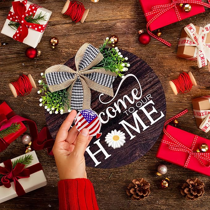 Interchangeable Seasonal Welcome Sign Front Door Decorations, Round Wood Wreath for Outdoor, Farmhouse, Porch Perfect for New Home Housewarming Gift, Valentine's, Easter, Christmas Home Decor