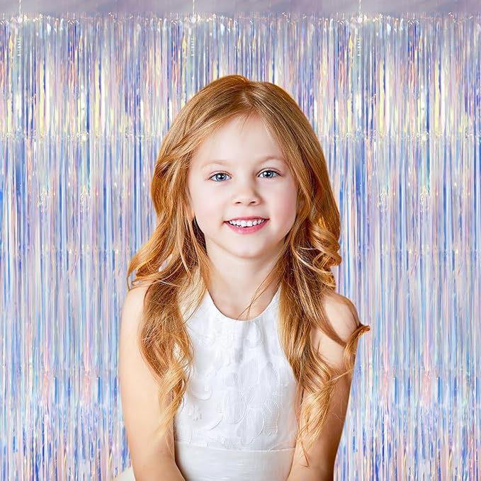 2 Pack Iridescent Foil Fringe Curtains, Holographic Tinsel Streamers Birthday Party Decorations, Fringe Backdrop for Kids Birthday, Baby Shower, Anniversary, Engagement Themes Party