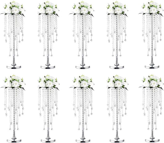10 Pcs Wedding Centerpieces Vase, 21.6" Silver Metal Flower Holders Centerpiece Vase with Chandelier Crystal,for Reception Tables Décor Wedding Anniversary Party Events