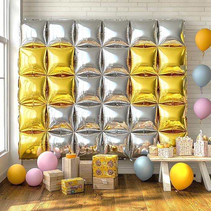 NISOCY 25PCS Metallic Silver Gold Square Foil Balloons Wall Backdrop Double Sided Chrome Gold Silver Balloons Arch Kit for New Year Anniversary Graduation Birthday Engagement Bridal Party Decorations