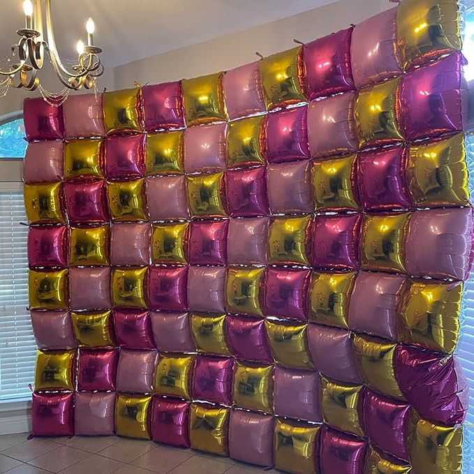 Hot Pink Square Balloons Wall, 10 PCS Magenta Foil Balloons Wall Double Sided Pink Balloon Wall Backdrop for Girls Bachelorette Birthday Bridal Shower Princess Party Decorations