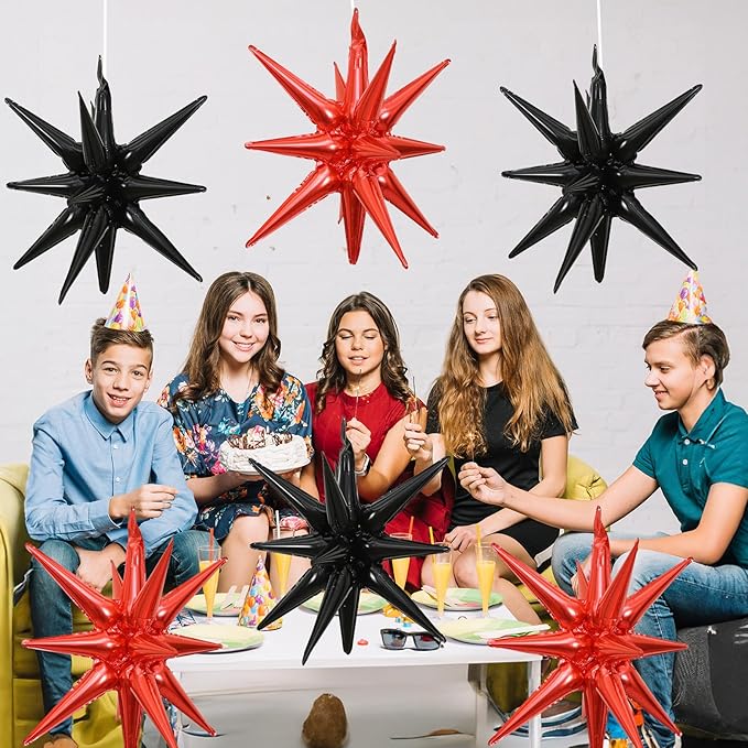 6PCS Black Red Star Balloons, 22Inch Large Star Balloon Foil Balloons Spike Cone Balloon for Birthday Anniversary New Year Halloween Vampire Casino Party Decorations