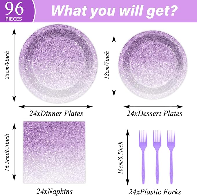 96 Pcs Gradient Pastel Purple Party Supplies Set for 24 Guests - Tableware Plates, Dinnerware, Table Decorations, Sprinkle Wedding & Birthday Party Favors