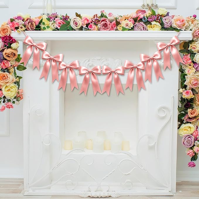 1 String of 8PCS Rose Pink Bow Garland Banner Decoration,Pre-Strung Satin Ribbon Ornaments for Birthday,Bachelorette Party,Bridal Shower,Wedding,Engagement,Baby Shower,Graduation Decor,Anniversary