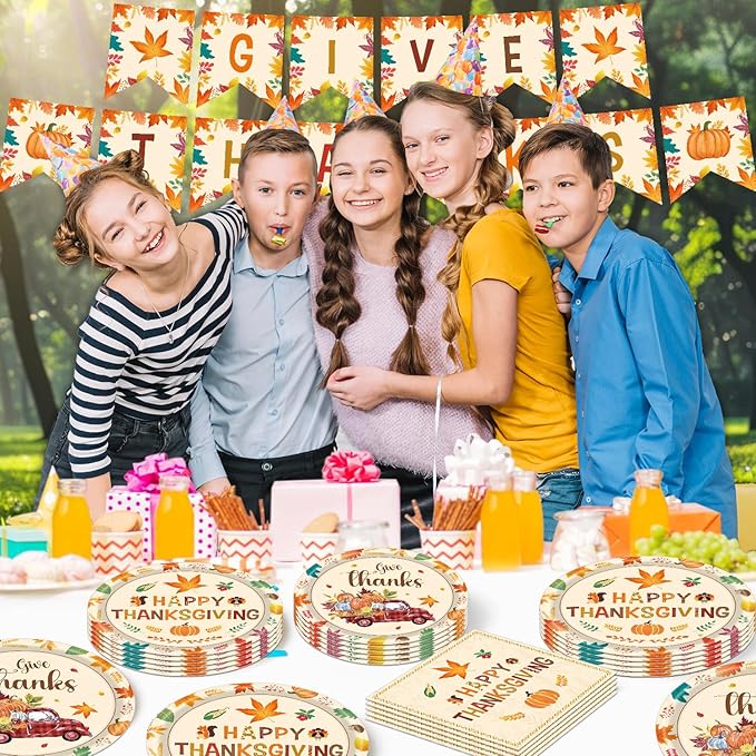 Fall Plates and Napkins Party Supplies, 142pcs Thanksgiving Party Decorations Happy Fall Maple Leaves Tableware Set for Fall Harvest Thanksgiving Birthday Party Decorations