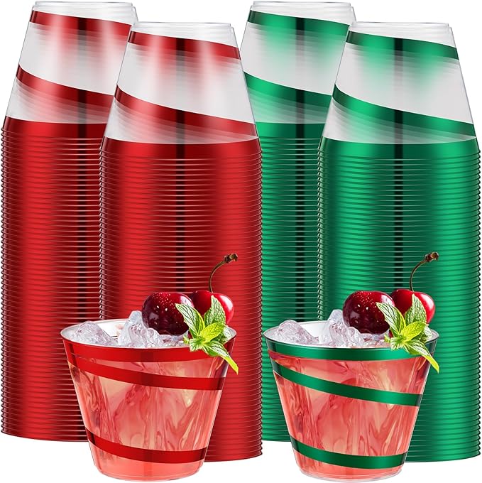 Gejoy 9 oz Rimmed Swirl Plastic Cups Disposable Wine Drinking Cups Clear Elegant Halloween Tumblers for Christmas Party Supplies(Red,Green,200 Pcs)
