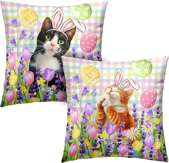 Spring Easter Pillow Covers 20x20 Set of 2 Lovely Cow Cat and Ginger Cat Wearing Bunny Ears Throw Pillow Covers Tulip Floral Pillow Case for Easter Decoration Sofa Patio Garden