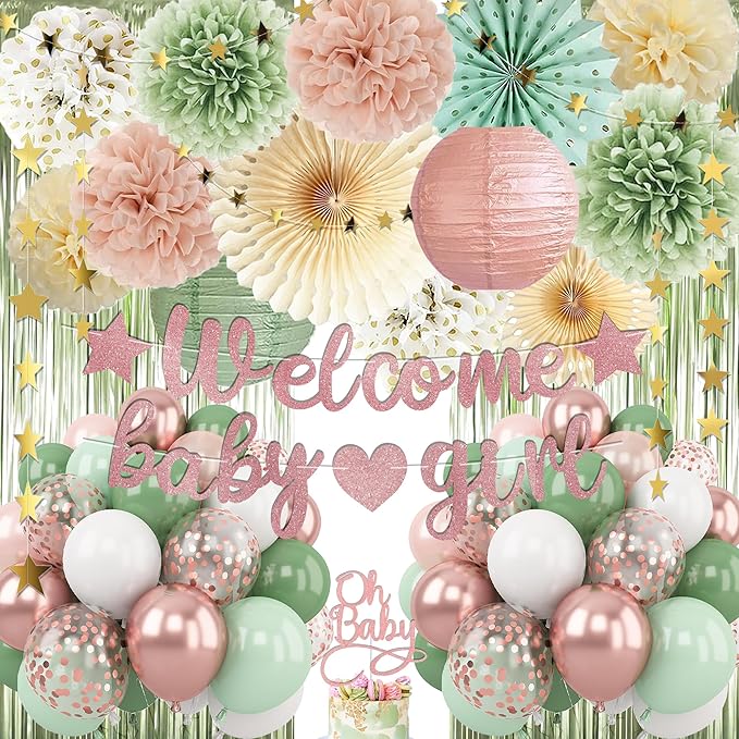 Dusty Pink Sage Green Baby Shower Decorations - Welcome Baby Girl Banner, Retro Pink Green Rosegold Balloons, 'Oh Baby' Cake Topper, Pom Poms Flowers Paper Fan For Birthday Jungle Woodland Party