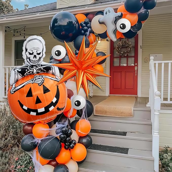 Halloween Balloon Arch Kit with Pumpkin Explosion Star Foil Balloons, Black Orange Beige Balloons Garland Kit with Eyes Balloons, halloween Party Balloons for Halloweens Home Garden Decorations
