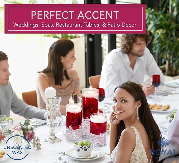 Royal Imports White Floating Candles 3" - Made in USA Pack of 12 Unscented Dripless Wax Discs - 10 Hour Burn Time - for Centerpieces, Weddings, Events, Home Décor