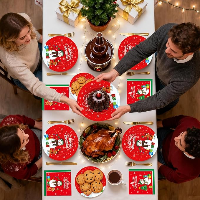 150 Pcs Merry Christmas Plates and Napkins Set - Xmas Paper Plates and Napkins, Snowman Dinner Dessert Plate Napkin Tableware Kit for Winter Christmas Party Supplies Table Decorations, Serve 50