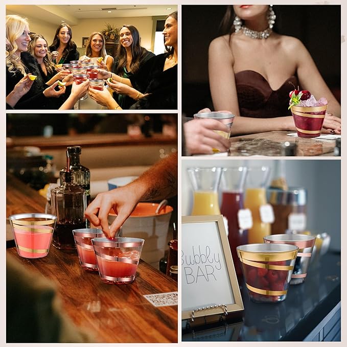 Gejoy 9 oz Rimmed Swirl Plastic Cups Disposable Wine Drinking Cups Clear Elegant Halloween Tumblers for Christmas Party Supplies(Gold, Rose Gold,100 Pcs)