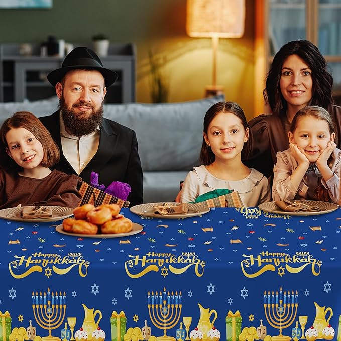3 PCS Hanukkah Decorations, 108" x 54" Blue Gold Hanukkah Tablecloth, Disposable Happy Chanukkah Plastic Tablecloth, Lights Candles Design Rectangle Chanukkah Tablecovers for Jewish Festival Supplies