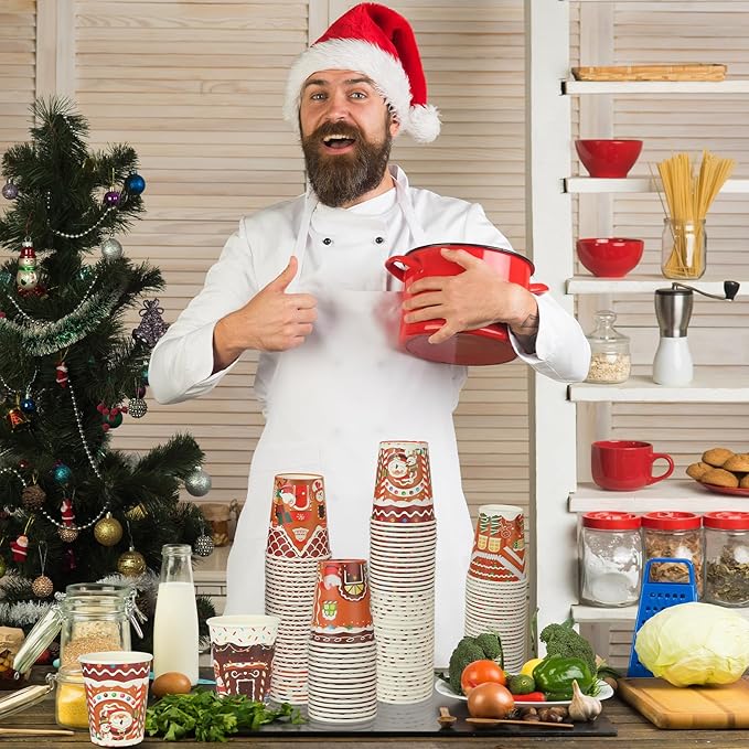 Zhehao 200 Pcs Christmas 9 oz Paper Cups Disposable Coffee Cups Santa Snowman Elk Disposable Hot Cups Xmas Party Drinkware Supplies for Holiday Tea Beverage Cocoa Cold Hot Drink (Gingerbread Style)