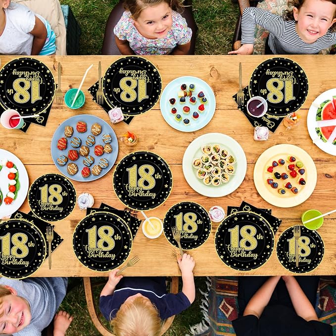 96 Pcs 18th Birthday Party Supplies for 24 Guests Cheers to 18 Years Tableware Table Decorations Black Gold 18th Birthday Plates Napkins Dinnerware for Boys Girls 18 Years Old Birthday Party Favor