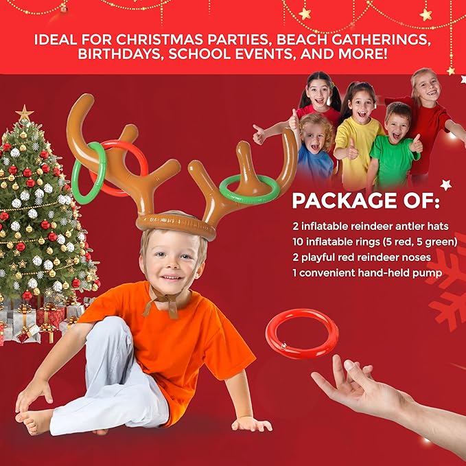 CircleCraft Inflatable Reindeer Antler Ring Toss Game Set – 2025 Christmas Party Games for Families – Includes 2 Antler Hats, 10 Rings, Red Reindeer Noses, and Pump – Perfect for Holiday Fun
