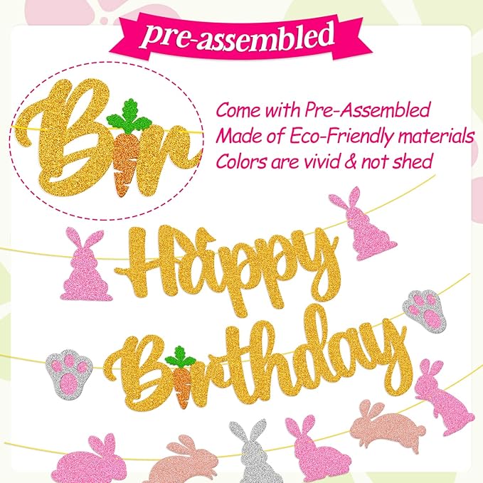 Bunny Birthday Banner Rabbit Bday Party Decorations Bunny Paw Ears Carrot Easter's Day Theme for Kids Boy Girl Baby Shower Party Supplies (Gold)