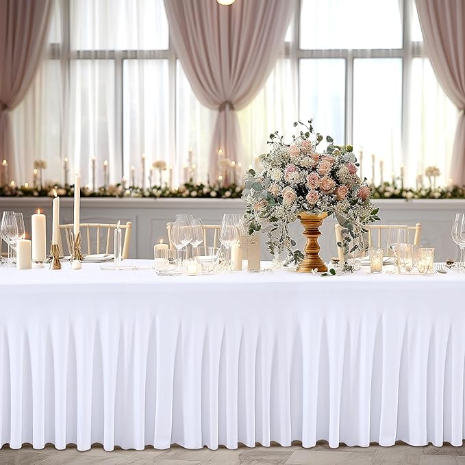 1 Pack White Table Clothes for 6 Foot Rectangle Tables, One-Piece Wrinkle Resistant Stretch Spandex Table Covers with Skirt for Event Banquet Wedding Birthday Party