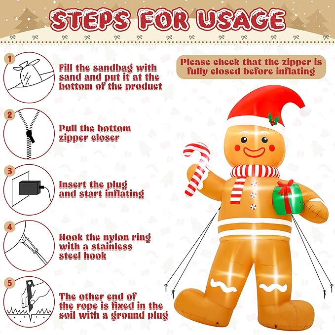 12FT Christmas Inflatables, Giant Blow Up Christmas Gingerbread Man Decorations, Lighted Up Xmas Gingerbread with Red Hat and Candy Cane, Pre-lit Christmas Archway Inflatable Decor for Yard Lawn