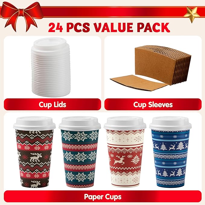 JOYIN 24 PCS Christmas Disposable Paper Cups, 16 oz Merry Christmas Party Cups With Sleeves and Lids, 4 Designs Xmas Drinkware Winter Drinkware, Tableware Holiday Party Supplies