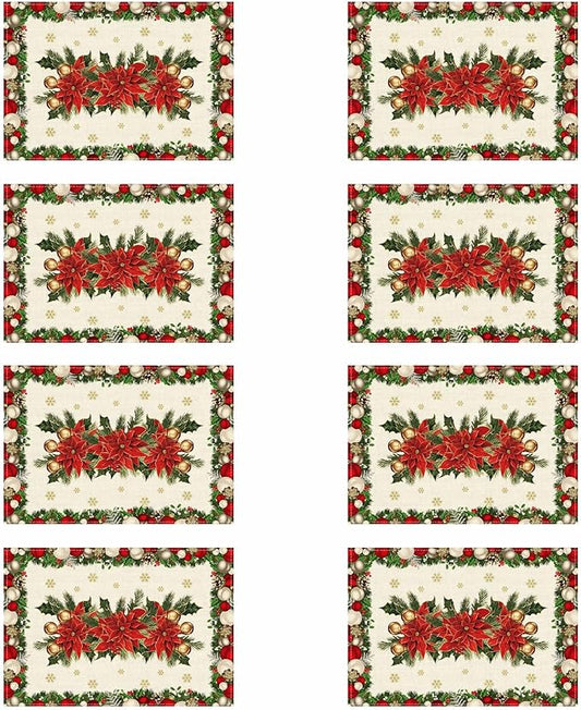XCHI Christmas Poinsettias Leaves Bells Snowflakes Winter Xmas Placemats Set of 8 Table Mats for Party Home Kitchen Dining Table Decorations 12x18 Inch