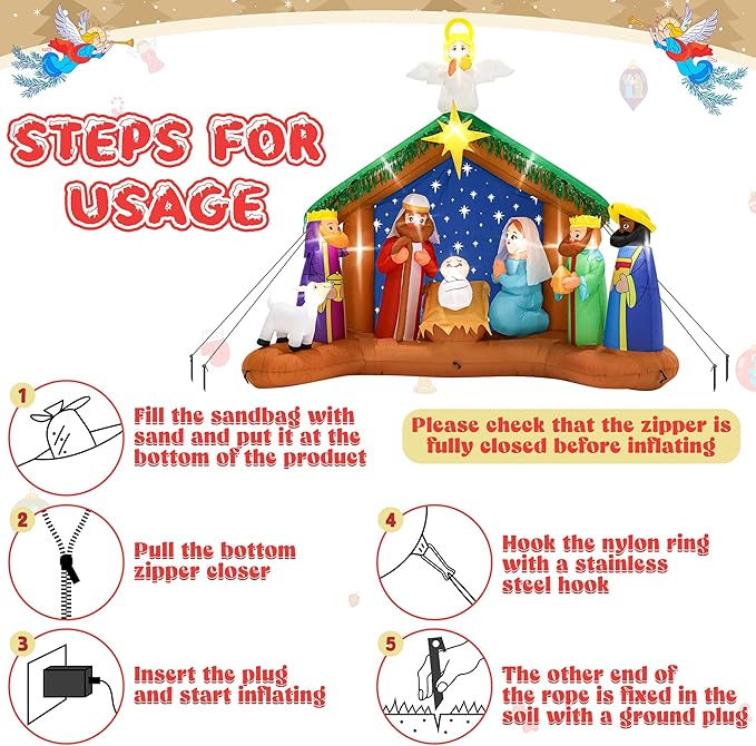 10FT Christmas Inflatables Decor, Blow Up Christmas Nativity Scene, LED Lighted The Birth of Jesus Scene Inflatables Decor, Outdoor Inflatable Decorations for Xmas Yard Lawn Patio