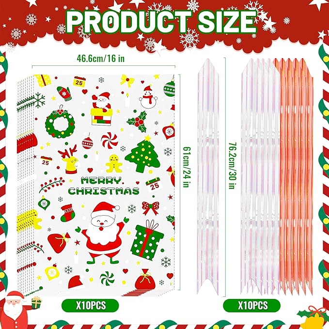 JJJMMM 10 Pcs Christmas Cellophane Baskets Gift Bags Large 16x24 inch with 10 pcs Pull Bows for Gift Wrapping Holiday Party Supplies (Christmas)