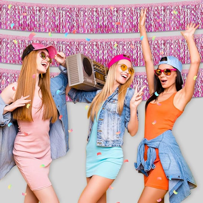 6 Pack 10 Feet Pink Wave Foil Fringe Garland Metallic Tinsel Streamers Banner Wall Hanging Curtain Backdrop for Parade Floats, Mother's Day, Easter, Bachelorette, Wedding Party Decoration