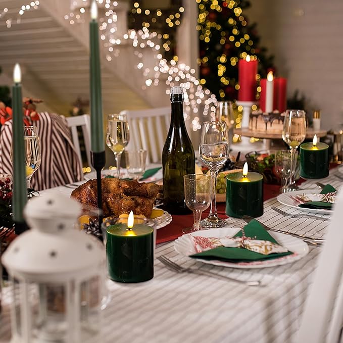 Green Flameless Pillar Candles, Real Wax Battery Operated Candles with Remote and Timer, Flickering LED Candles for Christmas Holiday Home Decor,Xmas Gift, Set of 3(3"x3")