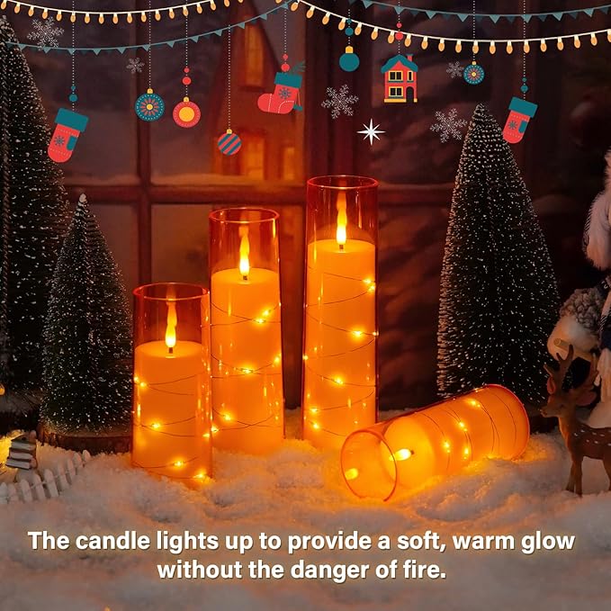 Flameless LED Candles with Timer 5 Pc Flickering Flameless Candles for Romantic Ambiance and Home Decoration Stable Acrylic Shell,with Embedded Star String，Battery Operated Candles（Orange）