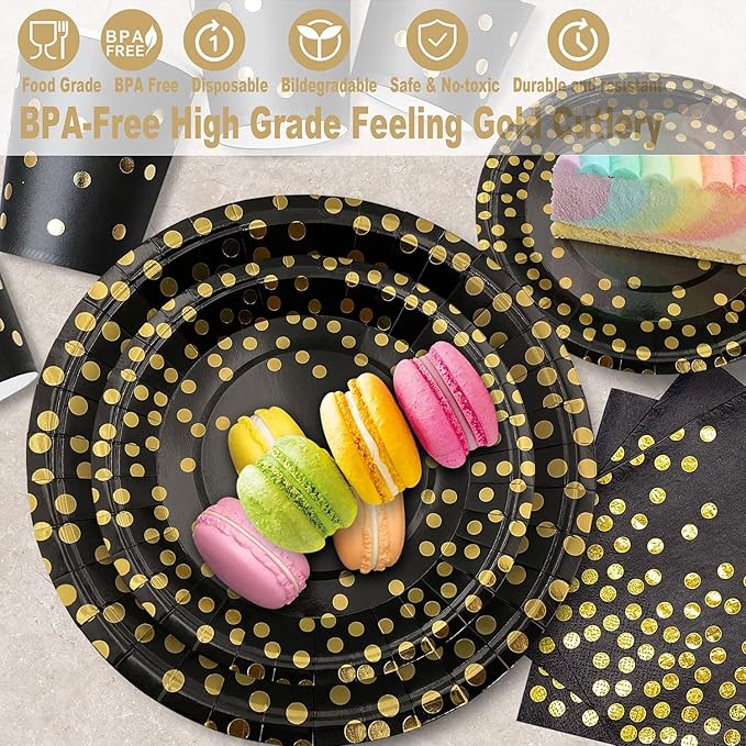 AIRE 175PCS Black and Gold Paper Plates Party Supplies for 25 Guests Disposable Party Decorations Dinnerware Golden Dot Black Paper Plates Napkins Cups Gold Plastic Forks Knives Spoons for Parties