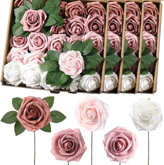 100 Pieces Artificial Foam Rose Flowers Faux Bouquet with Leaves and Stems for DIY Wedding Bouquets Centerpieces Bridal Shower Party Valentine Home Decorations(Shades of Dusty Rose)