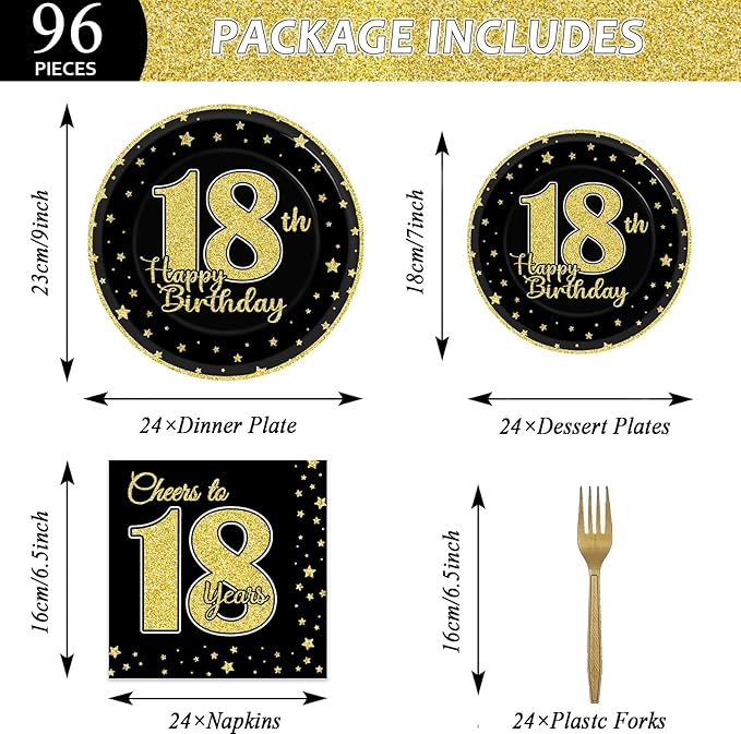 96 Pcs 18th Birthday Party Supplies for 24 Guests Cheers to 18 Years Tableware Table Decorations Black Gold 18th Birthday Plates Napkins Dinnerware for Boys Girls 18 Years Old Birthday Party Favor