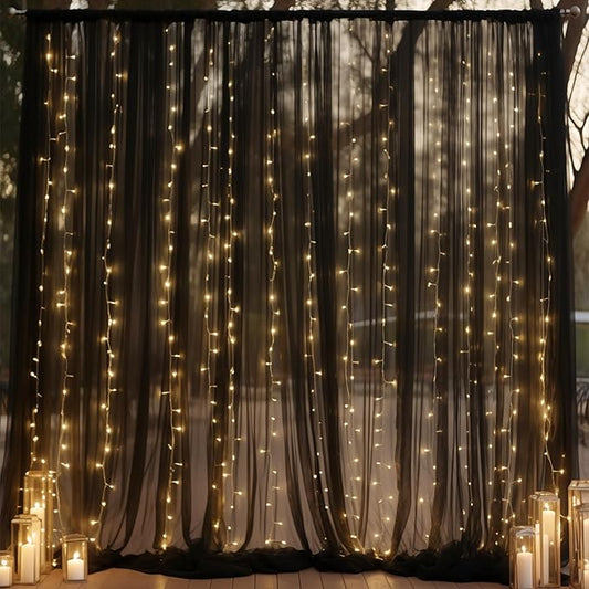 10ft x 10ft Black Backdrop Curtain with Lights String for Parties, Sheer Tulle Wedding Photo Backdrops Drapes for Baby Shower Birthday Party Decorations Background for Photography