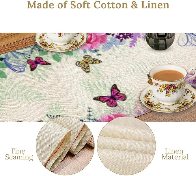 Butterfly Table Runner, Wildflowers Floral Butterfly Table Decoration Seasonal Summer Home Kitchen Dining Table Indoor Outdoor Farmhouse Decor 13x108 in