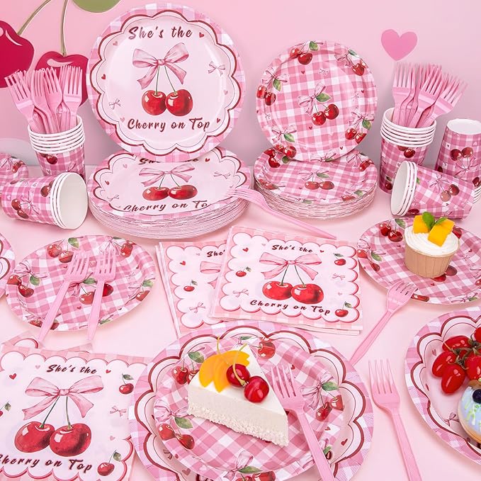 REDWORD Cherry Birthday Decorations, 120Pcs She's The Cherry On Top Party Plates Napkin Cups for Cherr y Theme Girl Birthday Baby Shower Party Decorations-Serves 24