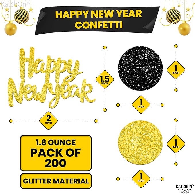 KatchOn, Glitter, Gold and Black Happy New Year Confetti - Pack of 200 | New Years Confetti 2026, New Years Eve Party Supplies 2026 | NYE Table Decorations | Happy New Years Decorations 2026